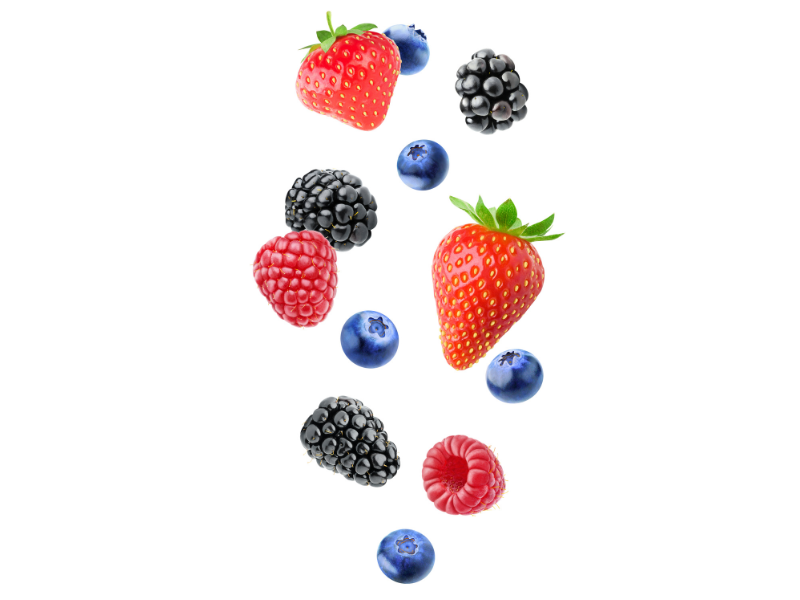 Life Extension Europe: strawberries, blackberries and blueberries falling from above with a white background